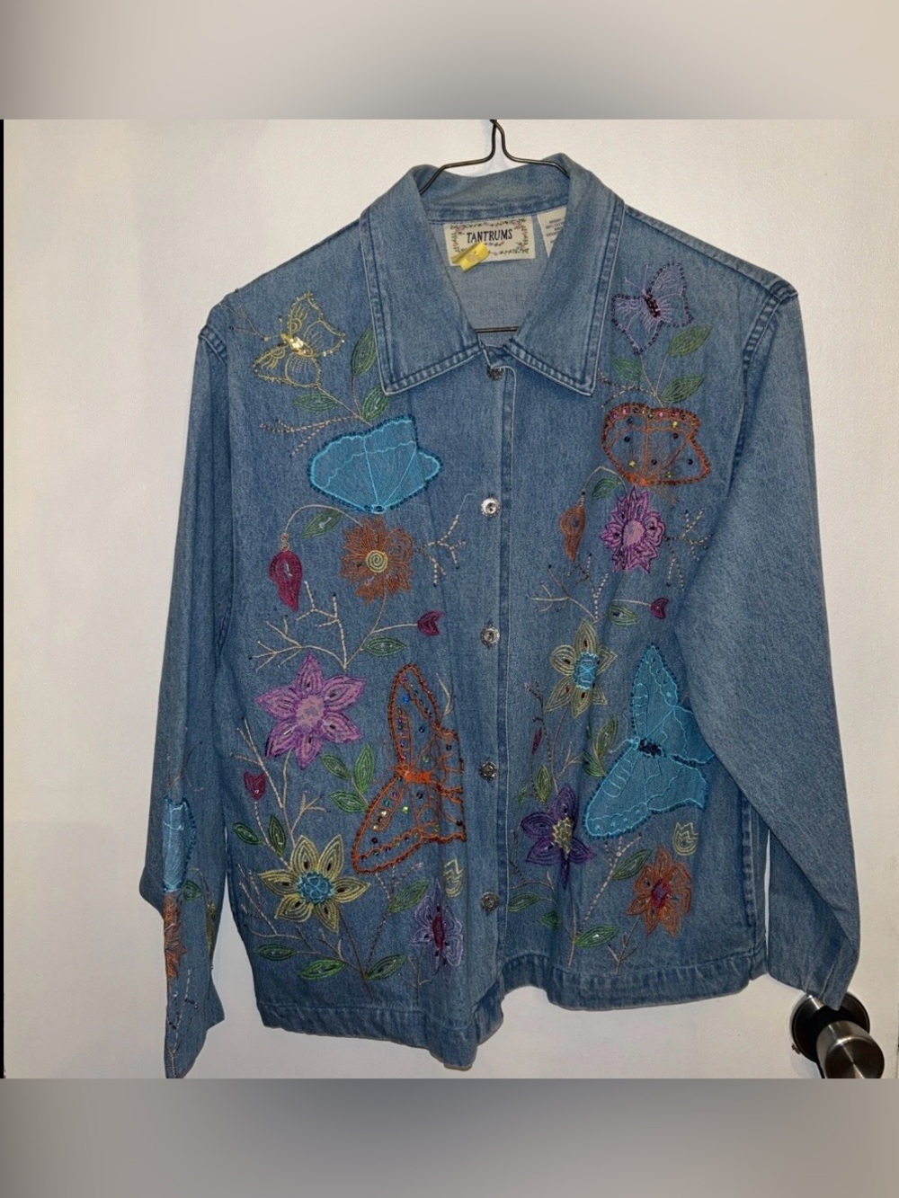 Tantrums Embroidered Denim Jacket Blue Floral Butterfly Medium Button Up